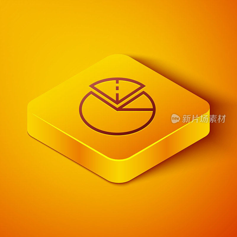 Isometric line Pie chart infographic icon isolated on orange background. Diagram chart sign. Yellow square button. Vector Illustration